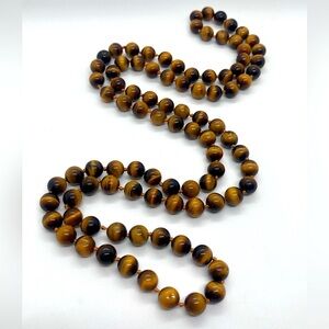 Vtg Tigers Eye Stone Round Knotted Bead Endless Beaded Necklace | 32” L
